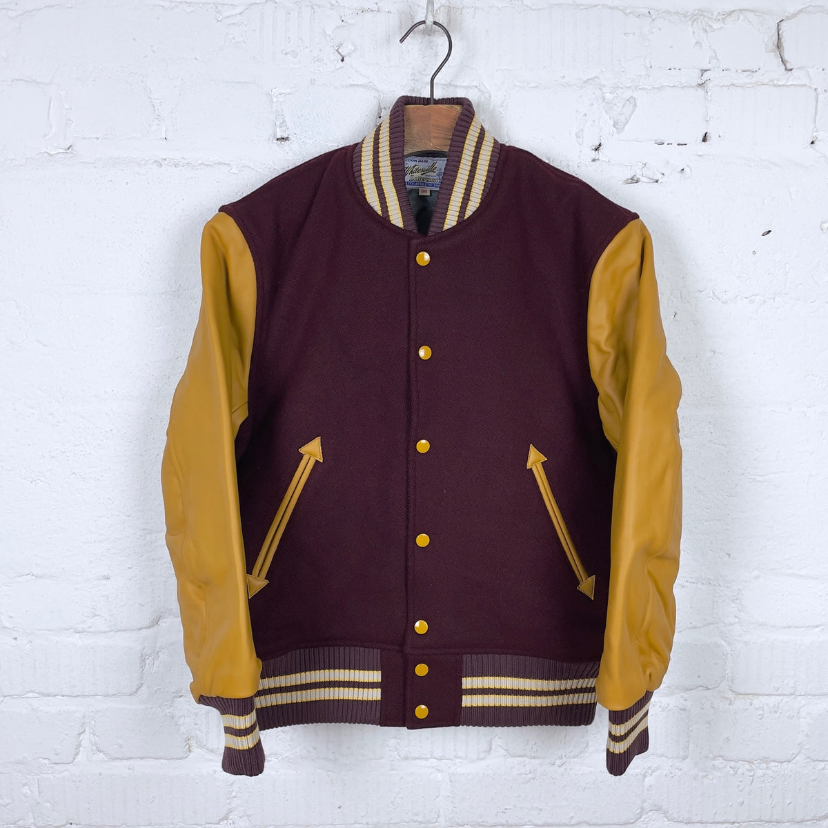 30oz wool melton award jacket “solid” - wine x gold | whitesville | made in  china