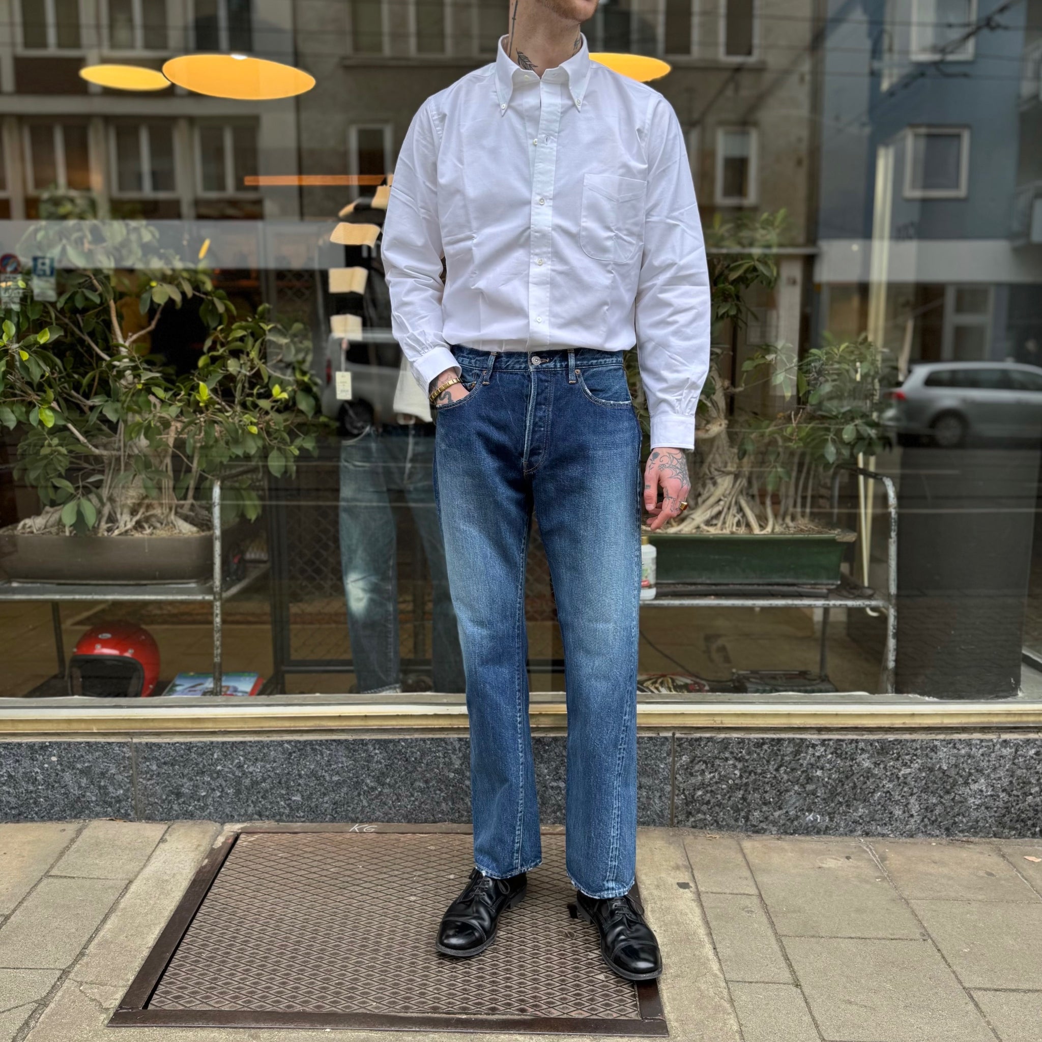 ciota | new straight 5 pocket pants - medium dark blue damage