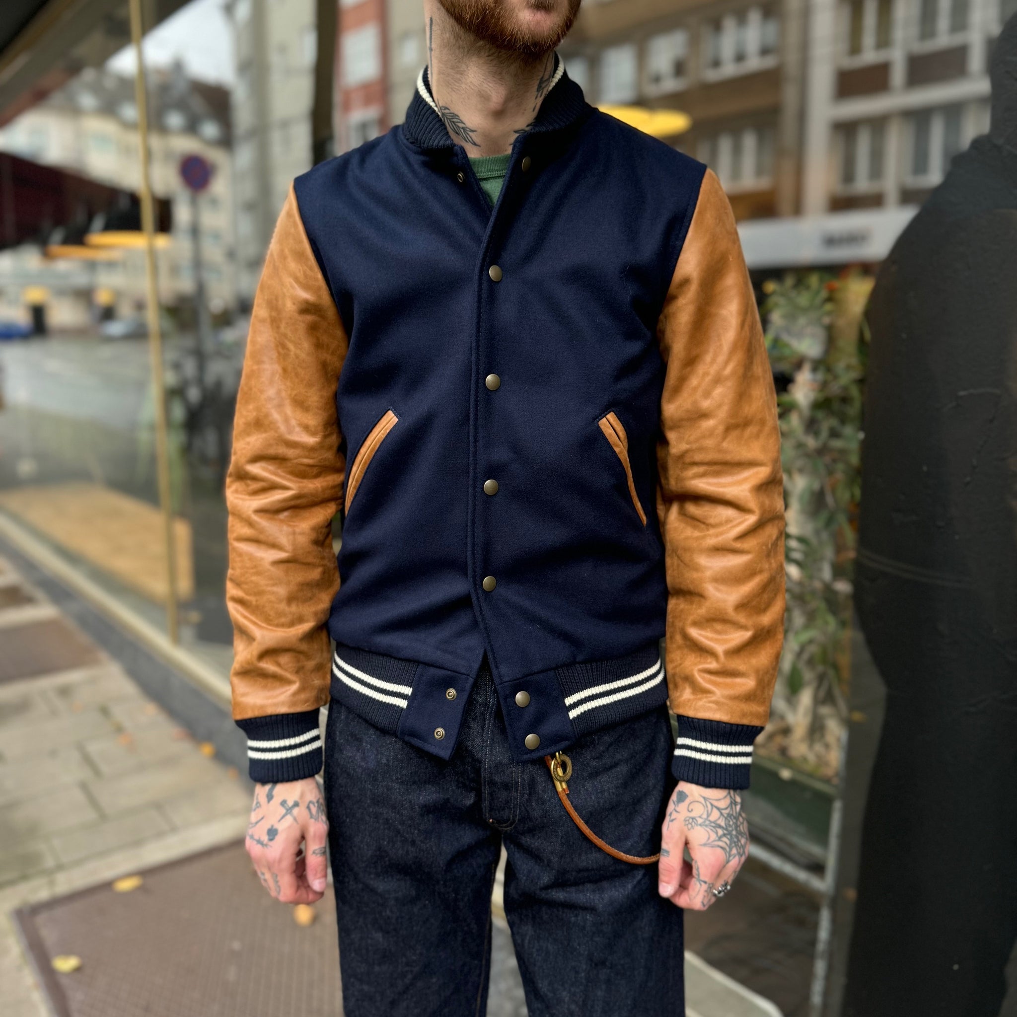 dehen 1920 | varsity jacket - dark navy / antique rust – stuf|f