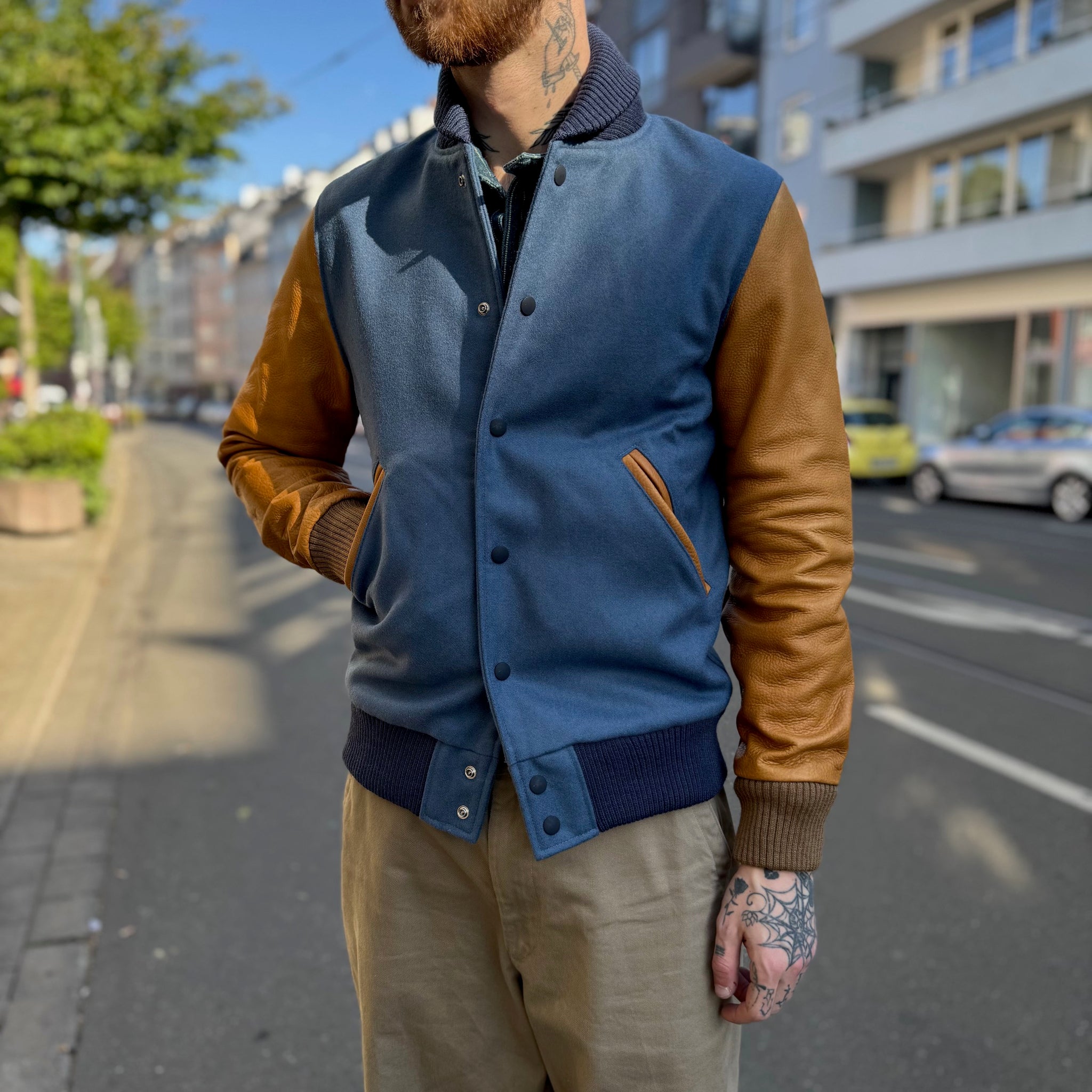 dehen 1920 | varsity jacket - steel blue / rust – stuf|f-official