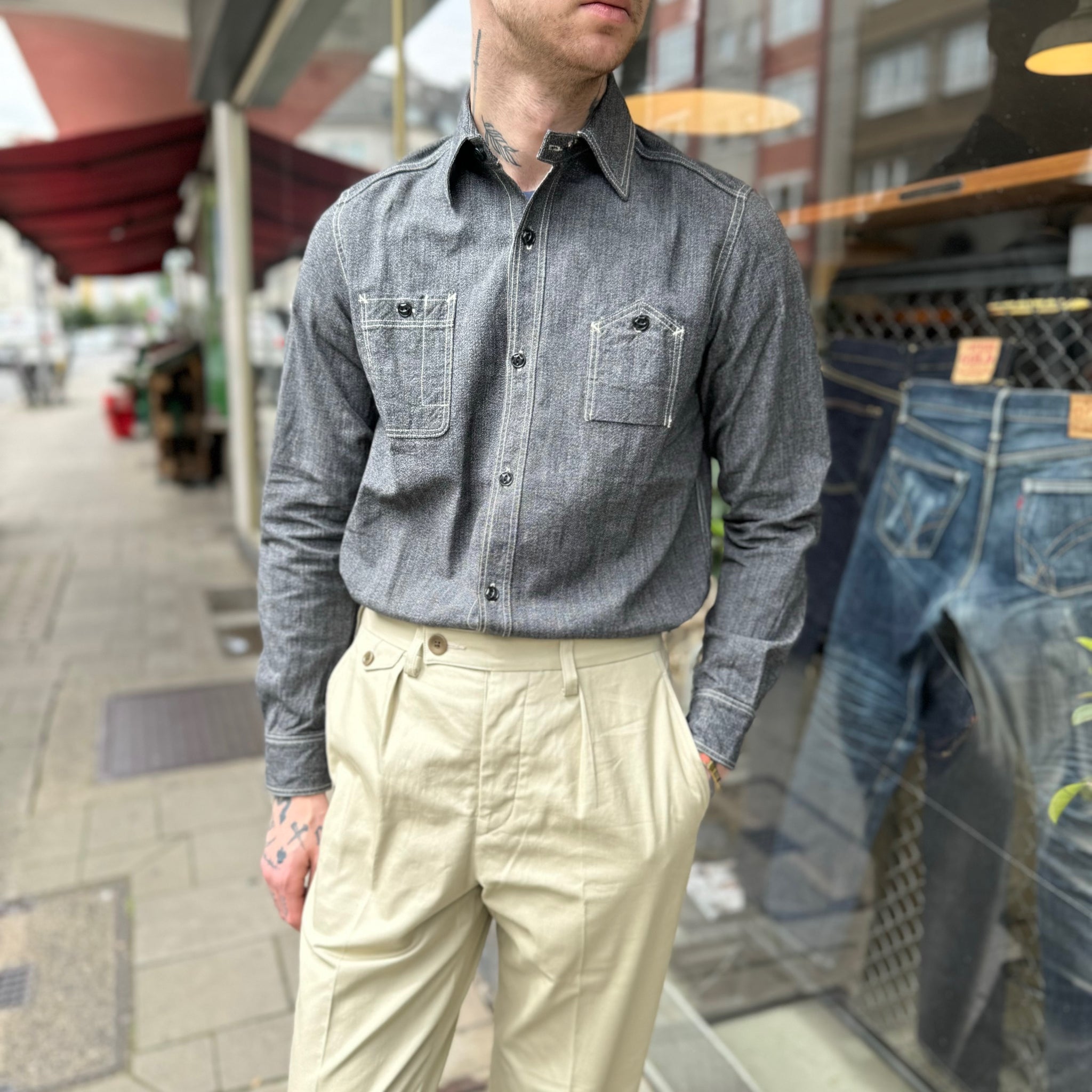 elmc | chambray work shirt - charcoal – stuf|f-official