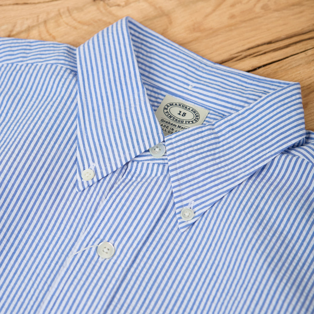 kamakura shirts | vintage ivy button down shirt blue seersucker stripe - Bild 3
