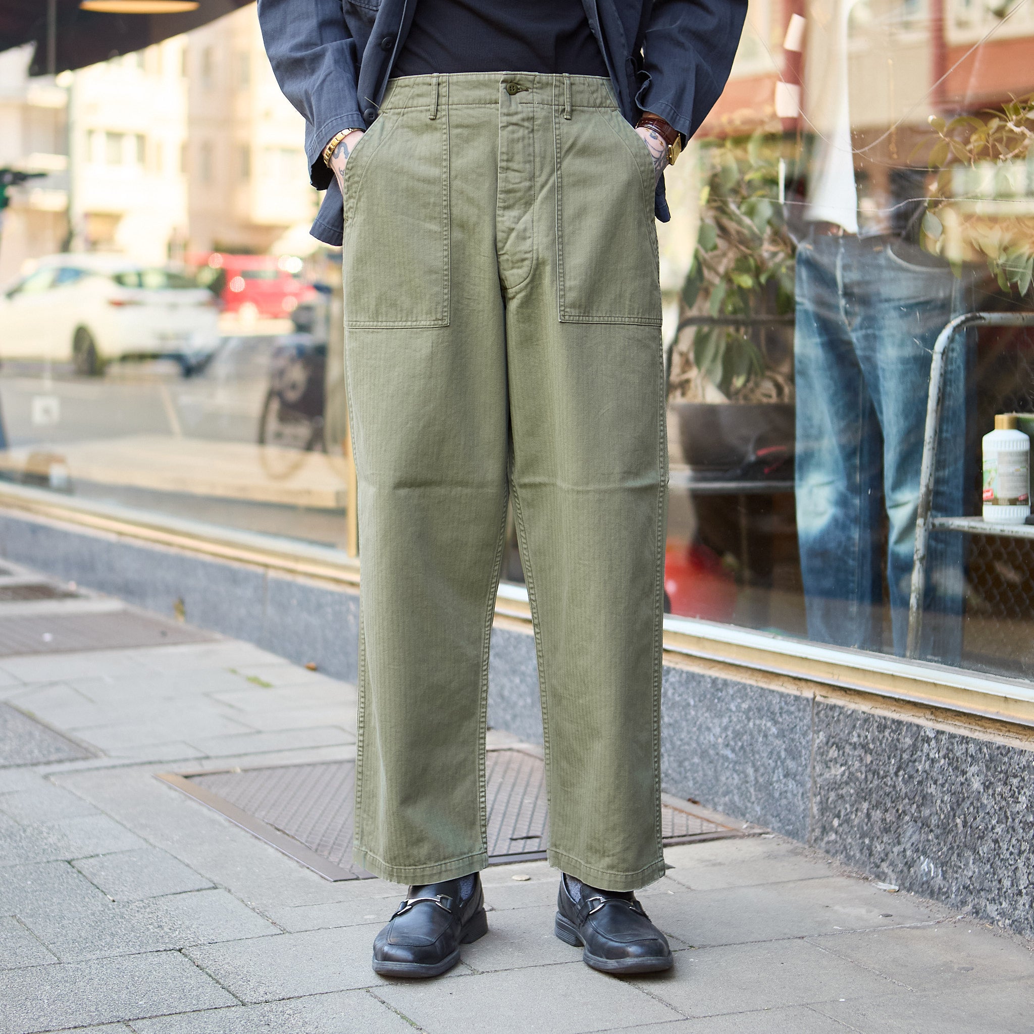 orslow | herringbone summer fatigue pants green – stuf|f-official