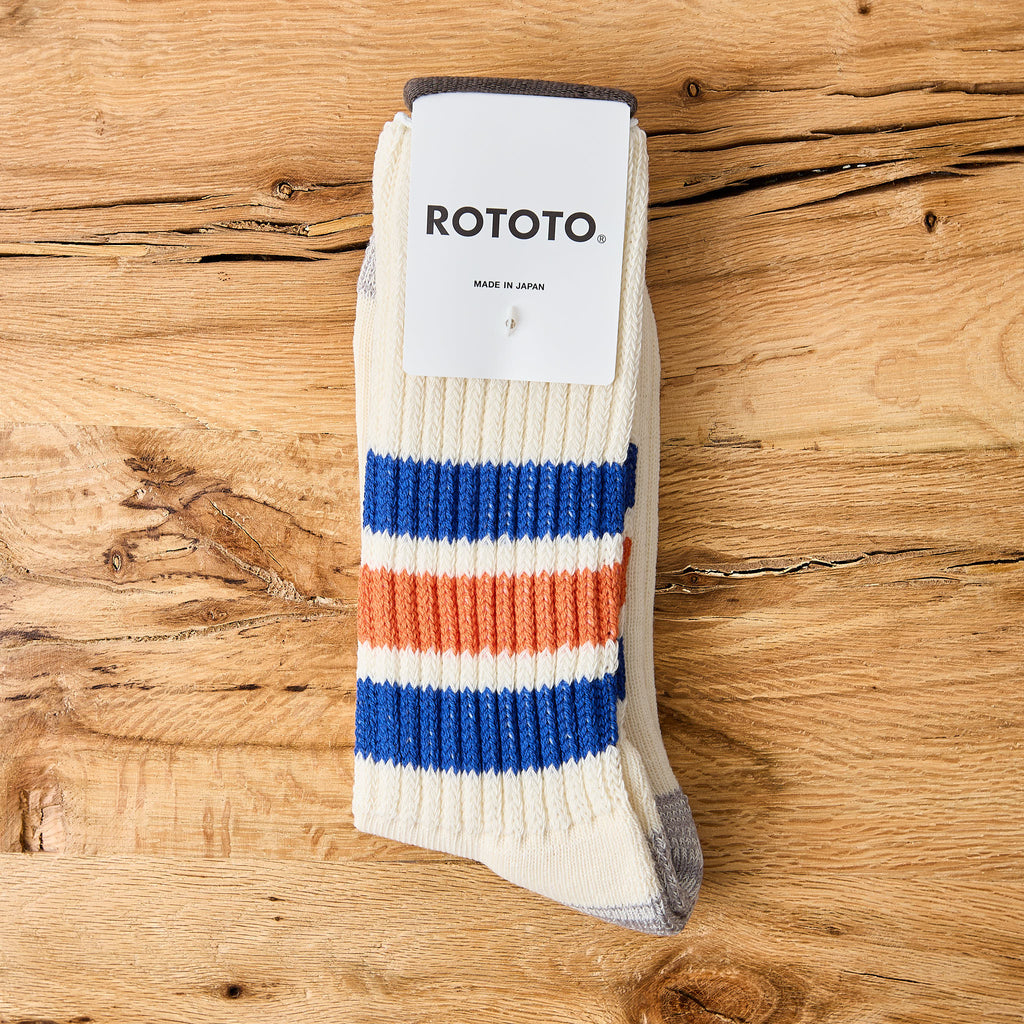 rototo | r1255 coarse ribbed old school crew socks - blue / orange