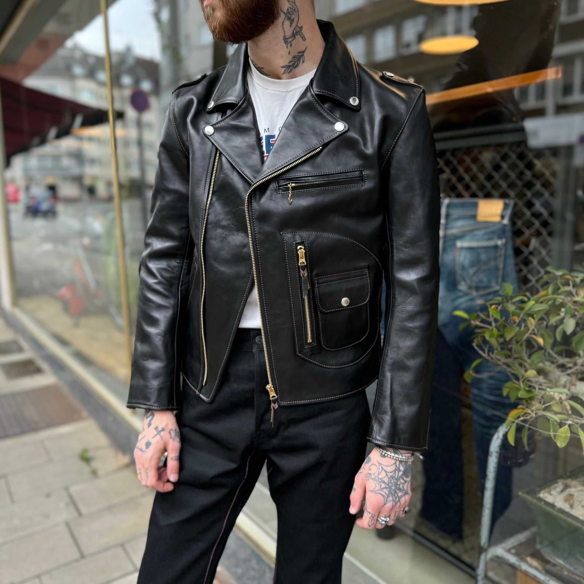 the flat head | fn-lj-hw004 horsehide double rider's jacket - black