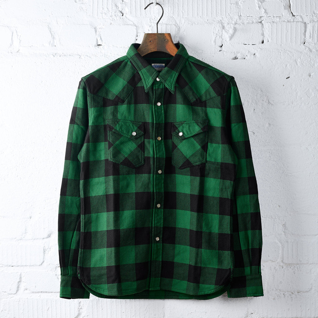 the flat head | fn-snw-101l block check flannel western shirt green-black