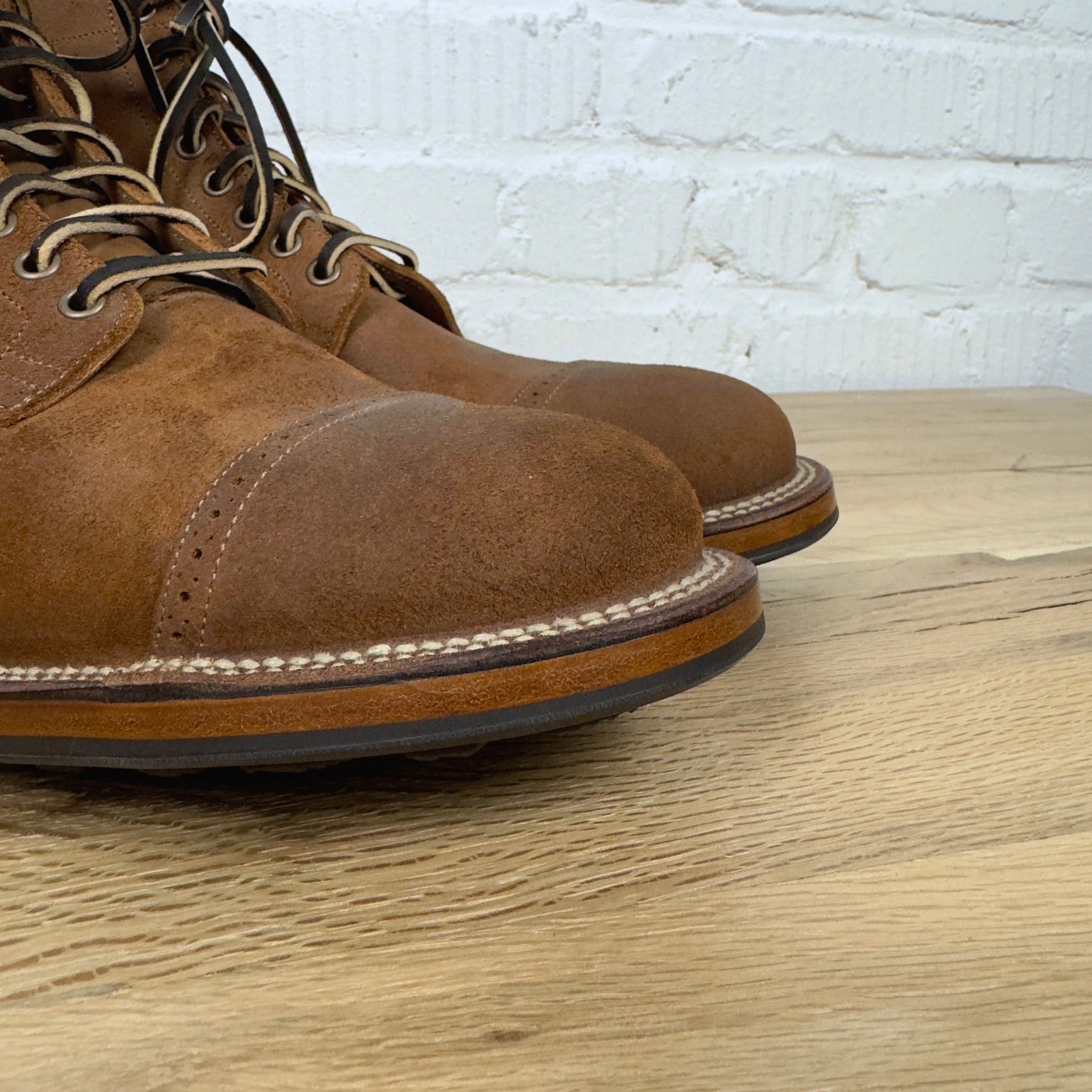 viberg tobacco chamois Fitted with lugged Commando outsoles and Vibergs signature stitchdown construction for an enduring and resoleable finish viberg | service boot aged