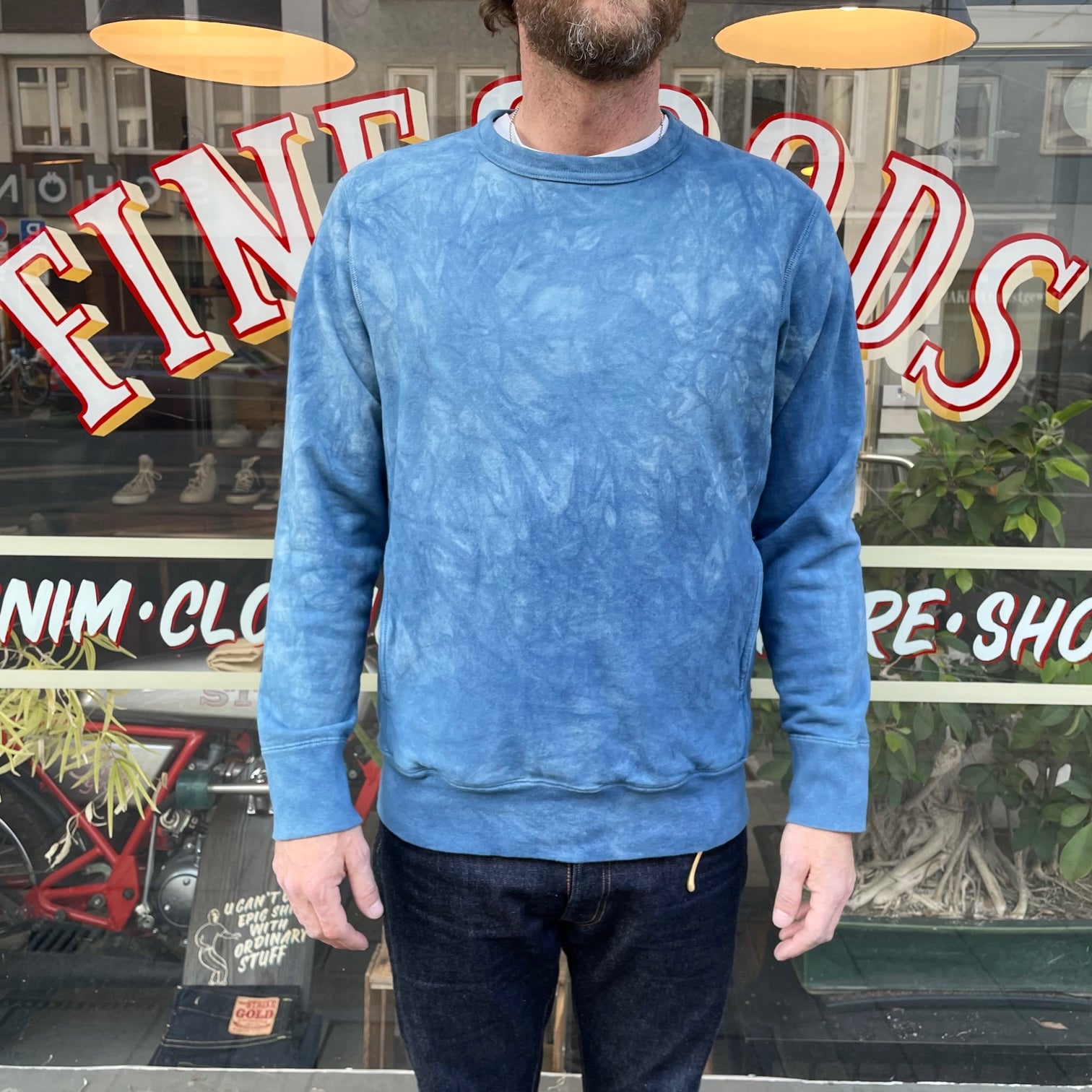 3sixteen french terry crewneck natural indigo crumple dye