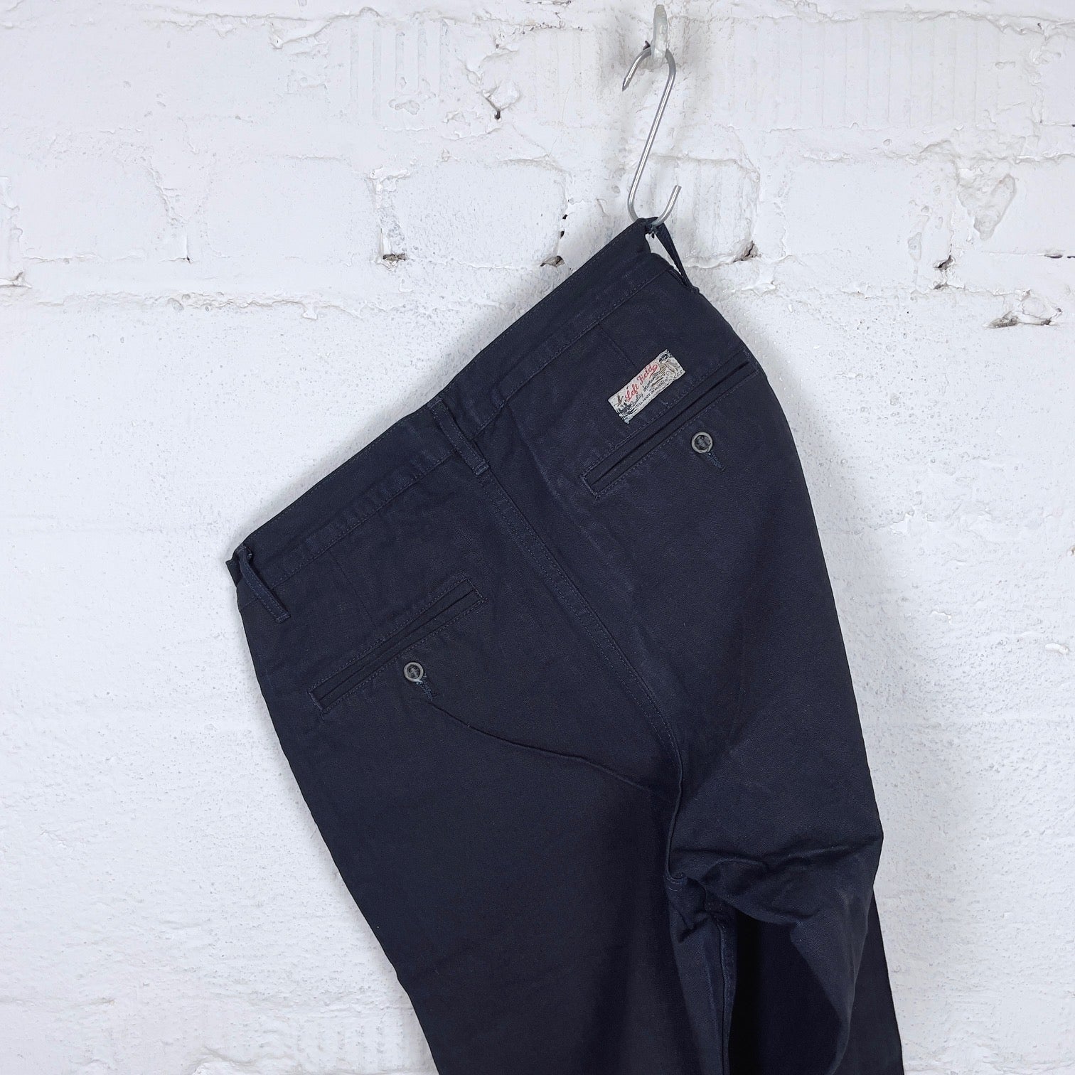 12oz nihon menpu japanese deep indigo selvedge duck chinos | left