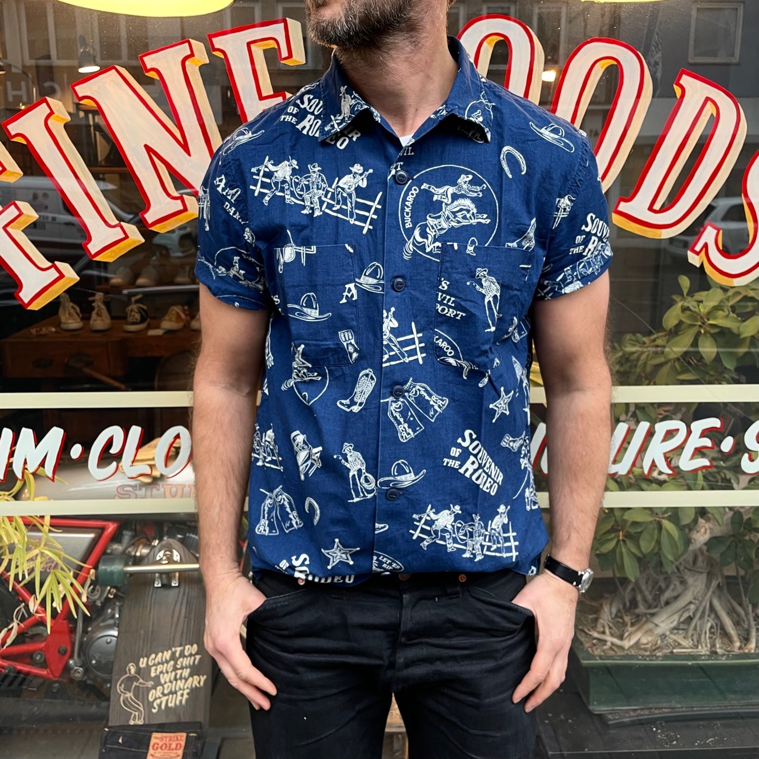 rodeo-print indigo camp shirt | rrl | made in india – stuf|f-official