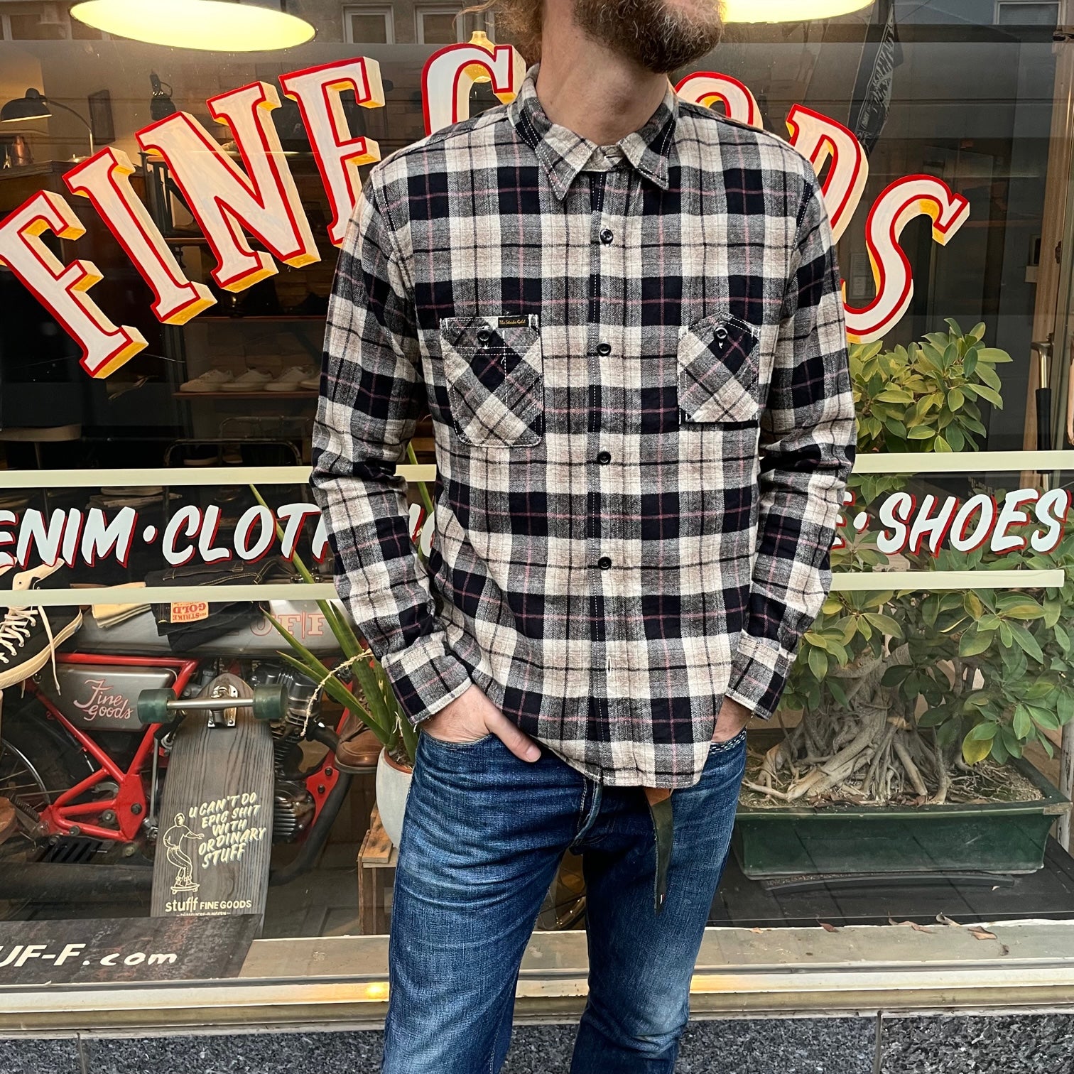 sgs2205 brushed soft flannel check work shirt black | the strike gold | made in japan stuf|f-official sgs2205 brushed soft flannel check work shirt black | the strike gold | made in japan stuf|f-official